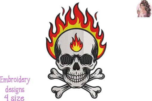 Fire Skull Embroidery Design – Flaming Skull Machine Embroidery Pattern