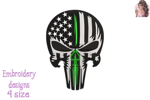 Military Green Skull USA Flag Embroidery Design – Patriotic Army Skull Machine Embroidery