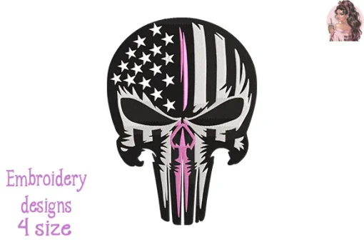 Breast Cancer Skull USA Flag Embroidery Design – Digital Machine Embroidery File