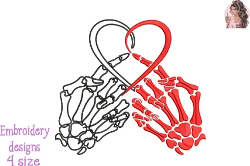 Skull Skeleton Hand Heart Embroidery Design – Gothic Love Digital Machine Embroidery File
