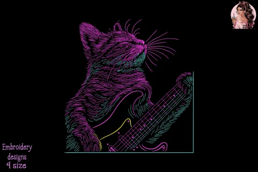Cat Playing Guitar Embroidery Design
