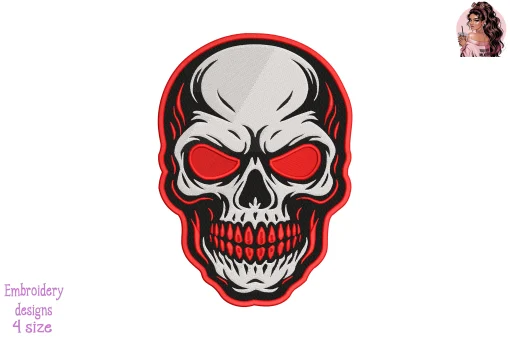 Human Skull in Red Color Embroidery Design