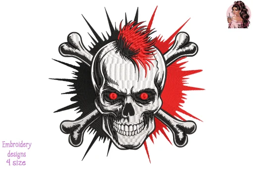 Skull with Red Mohawk Embroidery Design