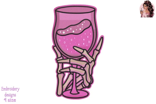 Breast Cancer Wine Skull Hand Embroidery Design