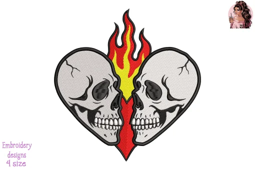 Heart Skulls Embroidery Design