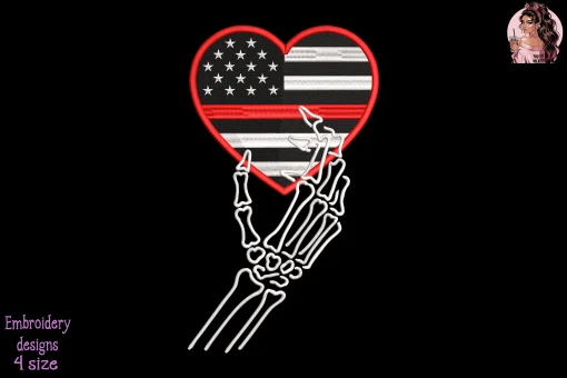 Heart Firefighter Skeleton Hand Embroidery Design