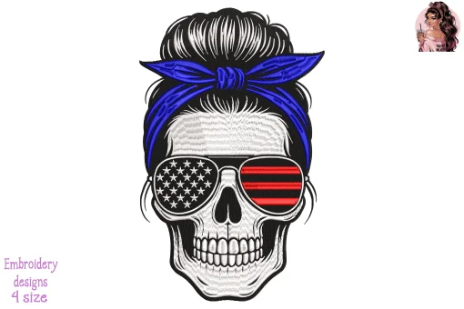 Messy Bun America Skull Embroidery Design – Patriotic Skull with Sunglasses Machine Embroidery File