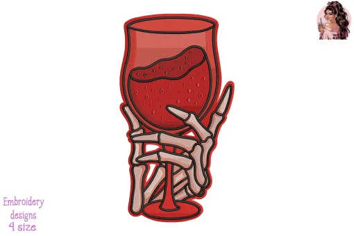 Red Wine Glass Skull Hand Embroidery Design