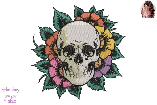 Skull with Flowers Embroidery Design