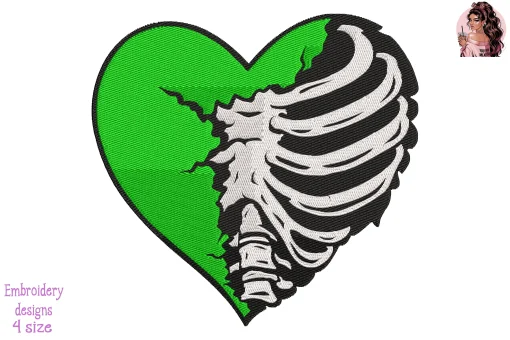 Military Green Rib Cage Embroidery Design – Patriotic Skeleton Chest Machine Embroidery File