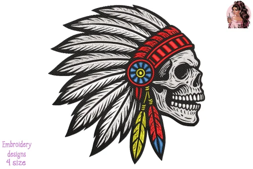 Native American Skull Embroidery Design – Tribal Feathered Skull Machine Embroidery Pattern