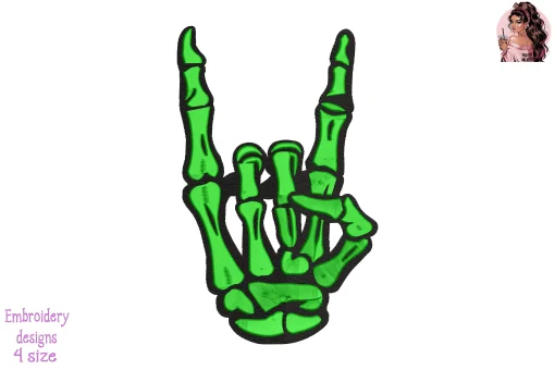 Skeleton Rock Horns Military Green Embroidery Design