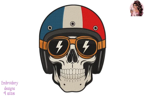 Biker Skull France Flag Embroidery Design