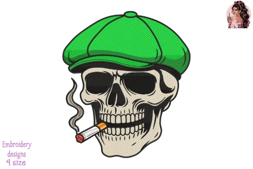 Skull in Green Newsboy Cap with Cigarette Embroidery Design – Vintage Smoking Skull Machine Embroidery File