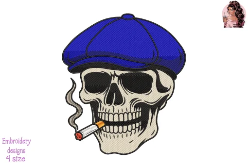 Skull in Navy Newsboy Cap with Cigarette Embroidery Design