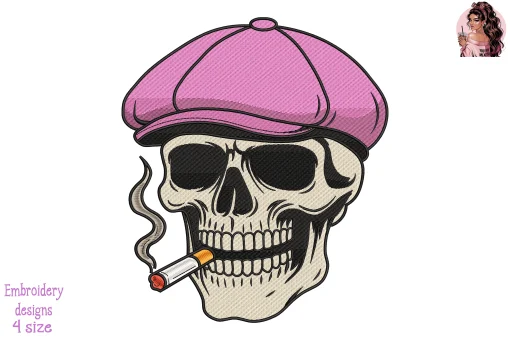 Skull in Pink Newsboy Cap with Cigarette Embroidery Design