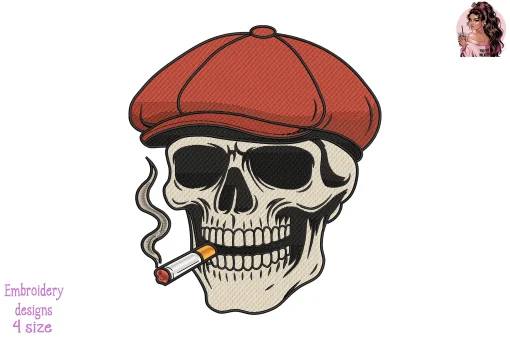 Skull in Red Newsboy Cap with Cigarette Embroidery Design