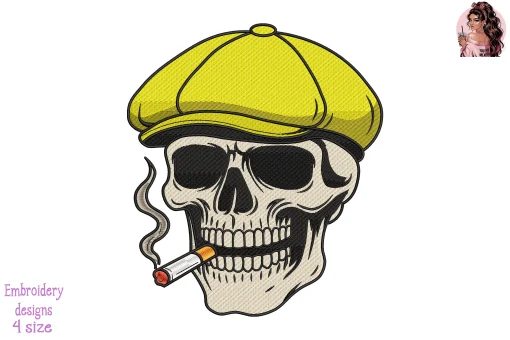 Skull in Yellow Newsboy Cap with Cigarette Embroidery Design