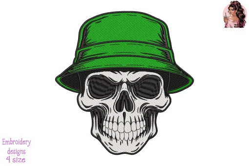 Skull with Military Bucket Hat Embroidery Design