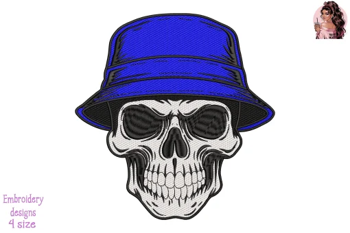 Skull with Police Bucket Hat Embroidery Design