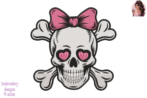 Breast Cancer Skull Heart Embroidery Design – Pink Ribbon Heart Skull Machine Embroidery File