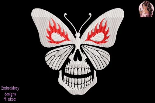 Butterfly Skull Embroidery Design – Gothic Floral Skull Machine Embroidery File