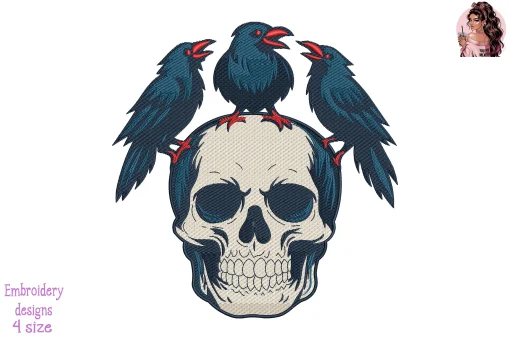 Crow on Skull Embroidery Design