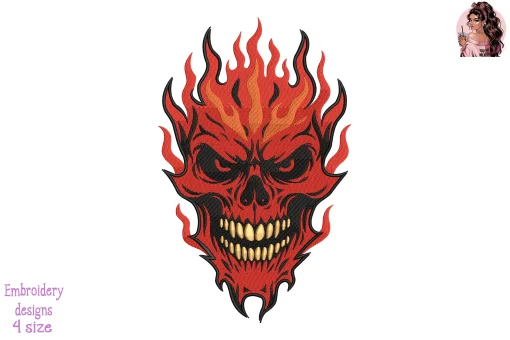 Fire Skull Embroidery Design – Flaming Skull Machine Embroidery File
