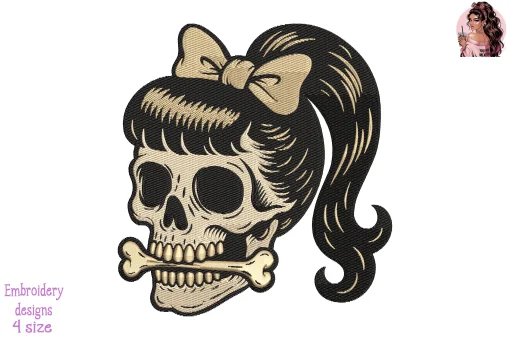 Girl Skulls Embroidery Design – Cute Gothic Female Skull Machine Embroidery File
