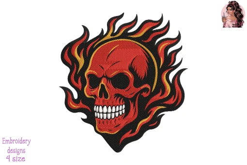 Flaming Red Skull Embroidery Design