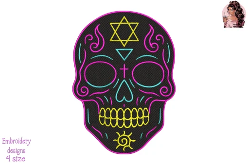 Neon Sacred Skull Embroidery Design – Vibrant Gothic Skull Machine Embroidery Pattern for Jackets, Patches & Streetwear