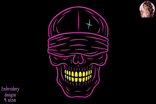 Neon Silence Embroidery Design – Vibrant Skull with Finger Gesture Machine Embroidery Pattern for Jackets, Patches & Streetwear