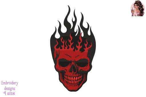 Crimson Inferno Skull Embroidery Design – Fiery Red Skull Machine Embroidery Pattern for Jackets, Patches & Halloween