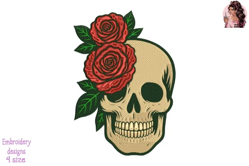 Skull and Roses Embroidery Design – Gothic Skull with Roses Machine Embroidery Pattern for Jackets, Patches & Halloween