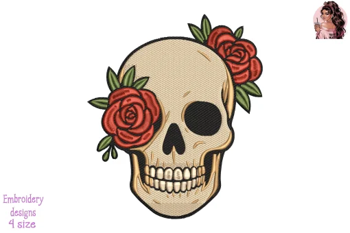 Skull with Roses Embroidery Design