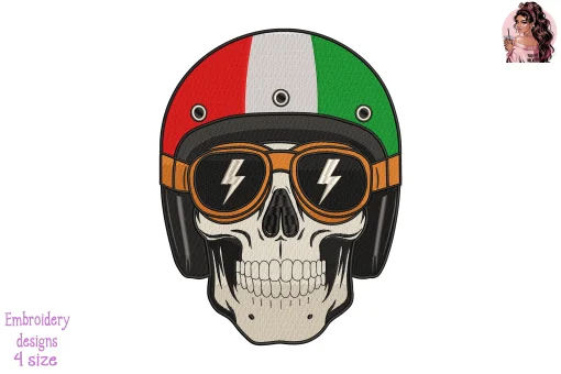 Biker Skull Hungary Flag Embroidery Design
