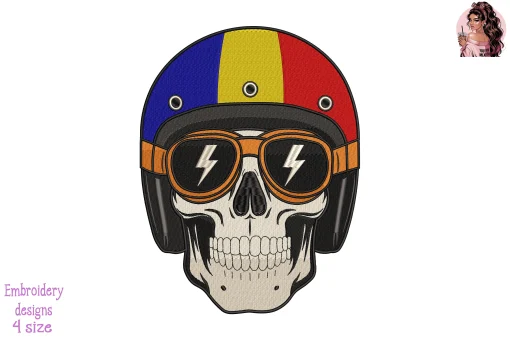 Biker Skull Romania Flag Embroidery Design