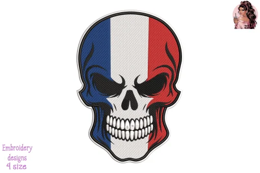 Biker Skull France Flag Embroidery Design