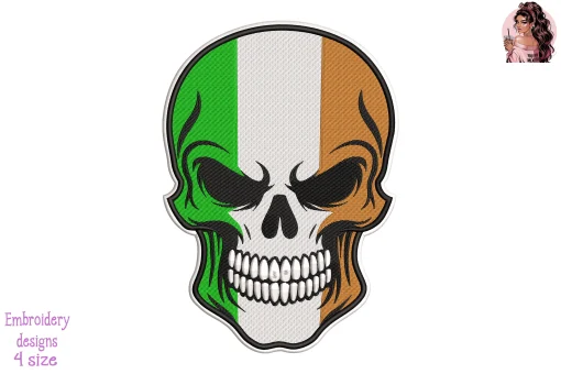 Biker Skull Ireland Flag Embroidery Design