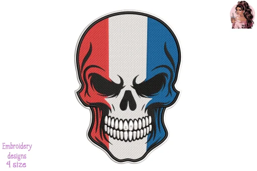 Biker Skull Netherlands Flag Embroidery Design – Motorcycle Rider Machine Embroidery Pattern