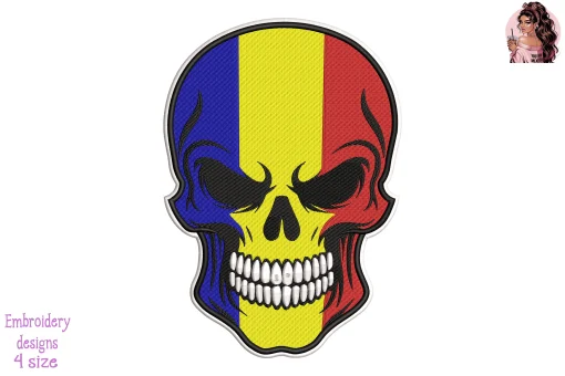 Biker Skull Romania Flag Embroidery Design