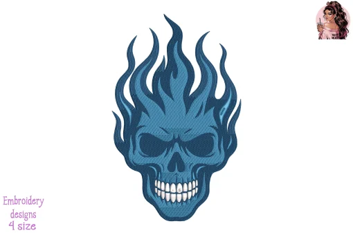 Blue Flame Skull Embroidery Design – Flaming Skull Machine Embroidery Pattern