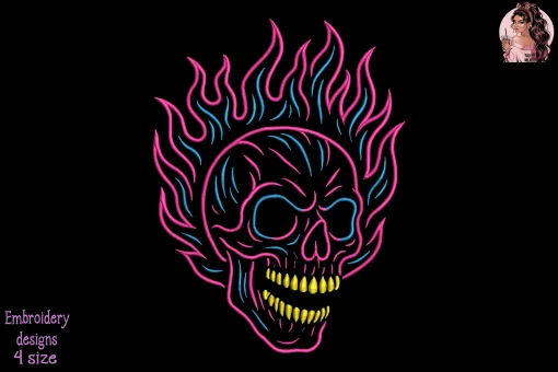 Neon Inferno Skull Embroidery Design