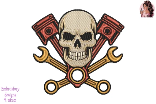 Skull Mechanic Emblem Embroidery Design