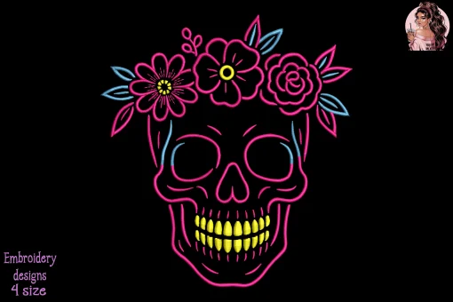 Floral Skull Glow Embroidery Design – Glowing Flower Skull Machine Embroidery Pattern