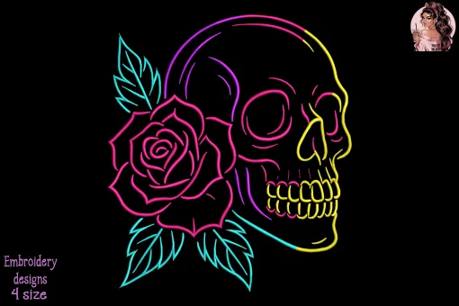 Neon Skull and Rose Embroidery Design