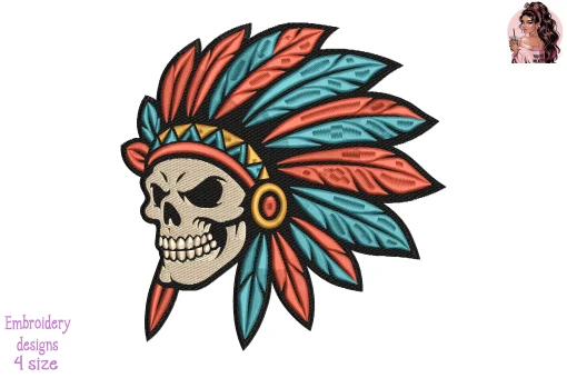 Skull Chief with War Feathers Embroidery Design