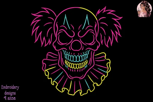 Neon Evil Clown Skull Embroidery Design