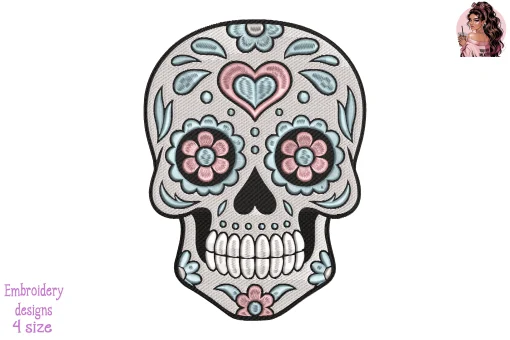 Pastel Sugar Skull Embroidery Design