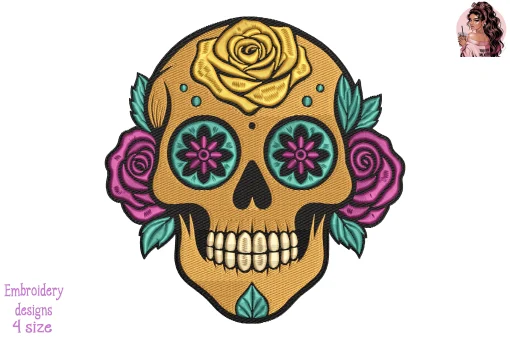 Vibrant Floral Skull Embroidery Design